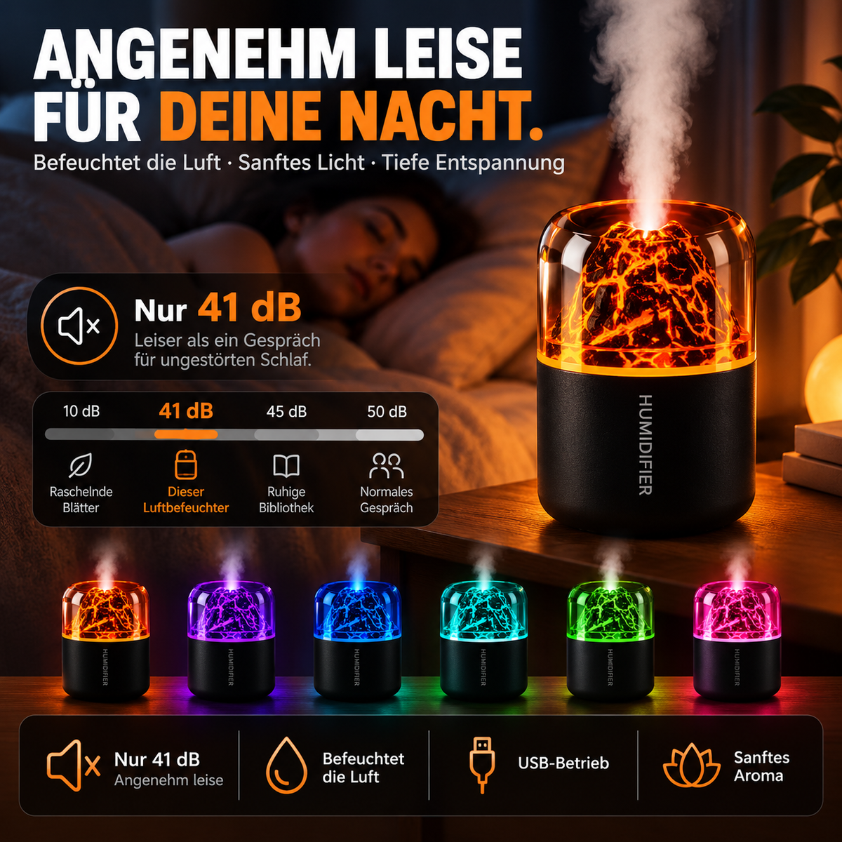 Leiser Luftbefeuchter mit Vulkan-Licht