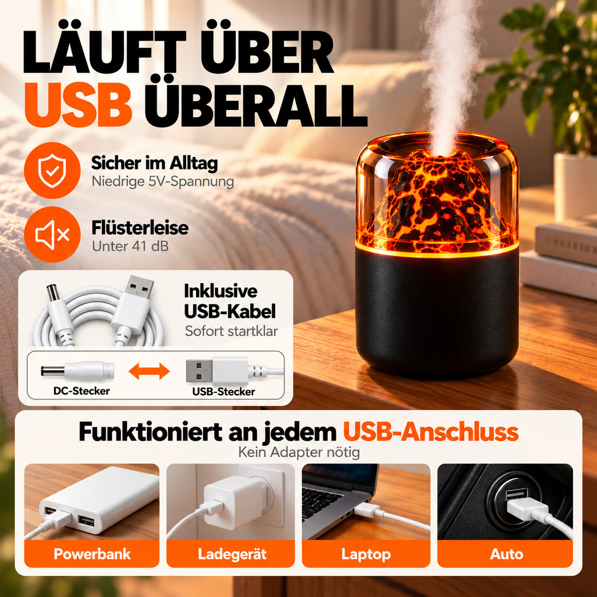 Leiser Luftbefeuchter mit Vulkan-Licht
